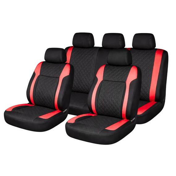 Set huse scaune auto Premium, model DIAMOND Racer, design Sportiv,  universale, ergonomice, Piele Ecologica Matlasata, culoare Negru/Rosu - - Roveli