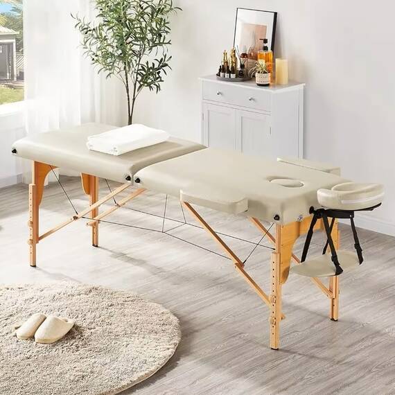 Masa de masaj pliabila, 2 zone, cadru lemn, spuma 5cm, inaltime 55-76cm, piele ecologica, dimensiuni 60x213cm, culoare Crem - - Roveli