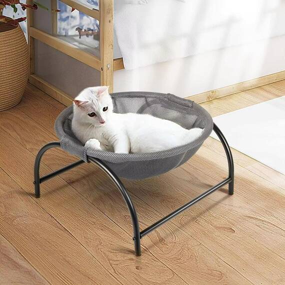 Pat de tip hamac pentru caini si pisici, cadru metalic negru si panza gri, dimensiune 45 x 42 x 23 cm - - Roveli