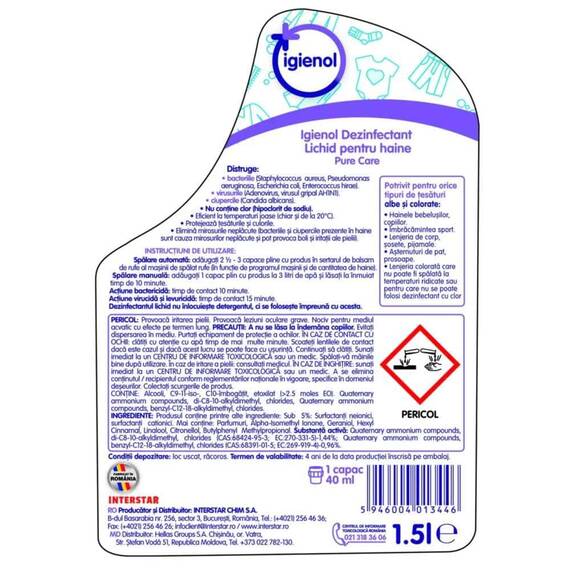 Dezinfectant haine Igienol, lichid, antibacterian, eliminare mirosuri, 1.5L, Pure - 2- Roveli