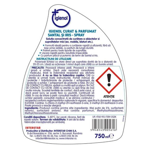 Dezinfectant suprafete Igienol, Curat & Parfumat, lichid, antibacterian, uscare rapida, 750ml, santal si iris - 2- Roveli