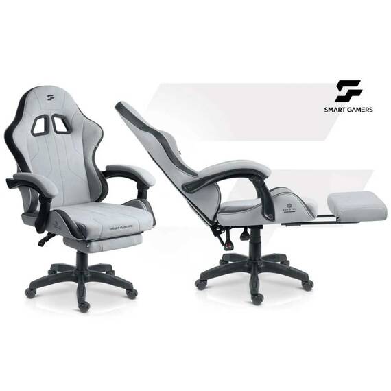 Scaun de gaming, tapiteria EmbrONE™, suport extensibil pentru picioare, functia de inclinare a spatarului, ergonomic, reglare a inaltimii 102-122 cm, gri deschis - 2- Roveli