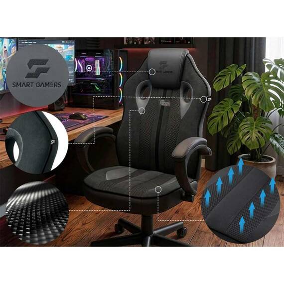 Scaun de gaming, tapiteria EmbrONE™, design ergonomic, reglare a inaltimii, 108-120 cm, baza stabila si roti netede, negru - 6- Roveli