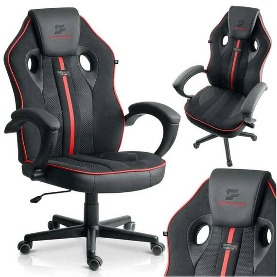 Scaun de gaming, tapiteria EmbrONE™, design ergonomic, reglare a inaltimii, 108-120 cm, baza stabila si roti netede, negru si rosu - 7- Roveli