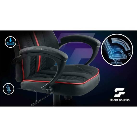 Scaun de gaming, tapiteria EmbrONE™, design ergonomic, reglare a inaltimii, 108-120 cm, baza stabila si roti netede, negru si rosu - 11- Roveli