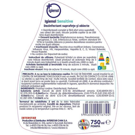 ​Solutie dezinfectanta suprafete si obiecte Igienol, lichid fara clor, antibacterian sensitive, 750 ml, pulverizator, alb​ - 2- Roveli