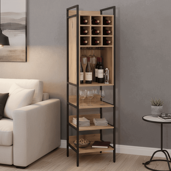 Etajera pentru vin, stejar/negru, VINPO - 6- Roveli