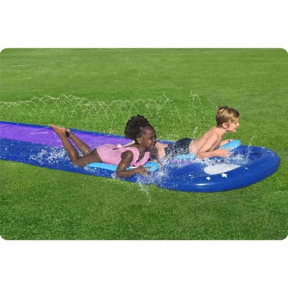 ​Tobogan de apa Bestway, gonflabil, realizat din PVC, cu conexiune la un furtun de gradina, 2 persoane, lungimea de 488 cm, mov - 7- Roveli