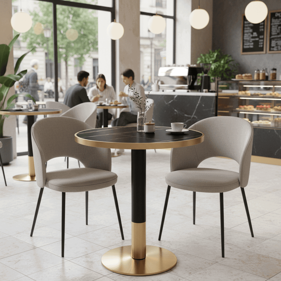 Masa de sufragerie bistro, marmura negra/negru/aur, diametru 80 cm, OREN - 2- Roveli