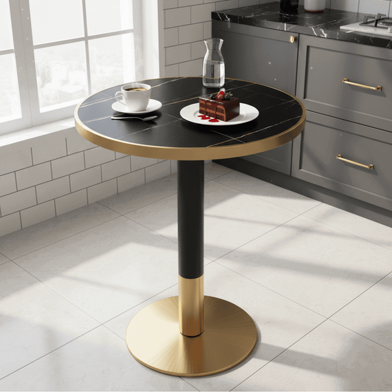Masa de sufragerie bistro, marmura negra/negru/aur, diametru 80 cm, OREN - 3- Roveli