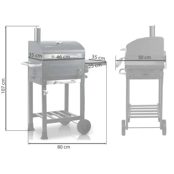 Gratar de gradina, cu carbuni, din otel inoxidabil, gratar din fonta 46 x 35 cm, 2 roti mari, termometru, 107 x 80 x 50 cm, antracit - 9- Roveli