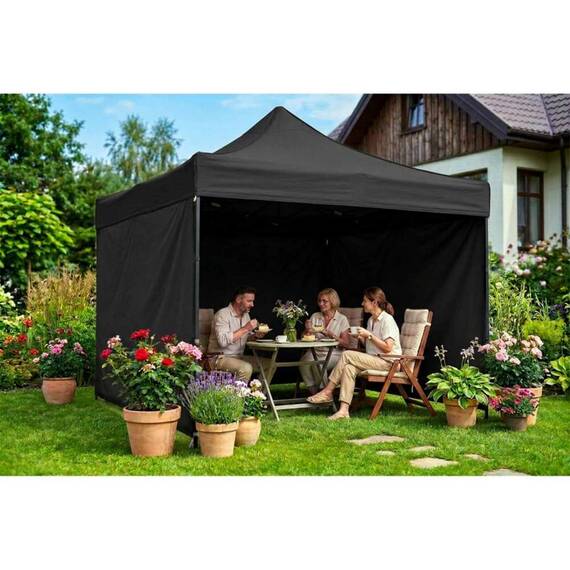 Pavilion de gradina, cu 3 pereti, fabricat din PVC, constructie din otel, acoperisul din PVC 1280D – 100% impermeabil, filtru UV UPF50+, 3 x 3 m, negru - 5- Roveli