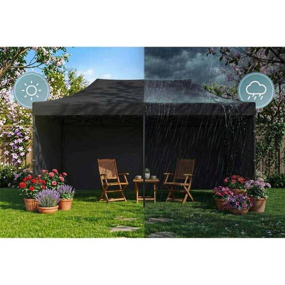 Pavilion de gradina, cu 3 pereti, fabricat din PVC, constructie din otel, acoperisul din PVC 1280D – 100% impermeabil, filtru UV UPF50+, 3 x 6 m, negru - 2- Roveli