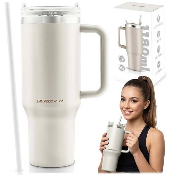 Cana termos, otel inoxidabil, capac 3 in 1, baut, gaura, pai, cu maner, mentinere cald si rece, inaltimea de 27 cm, 1180 ml, alb - 4- Roveli