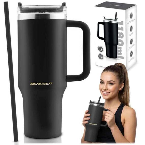 Cana termos, otel inoxidabil, capac 3 in 1, baut, gaura, pai, cu maner, mentinere cald si rece, inaltimea de 27 cm, 1180 ml, negru - 2- Roveli