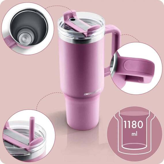 Cana termos, otel inoxidabil, capac 3 in 1, baut, gaura, pai, cu maner, mentinere cald si rece, inaltimea de 27 cm, 1180 ml, roz - 2- Roveli