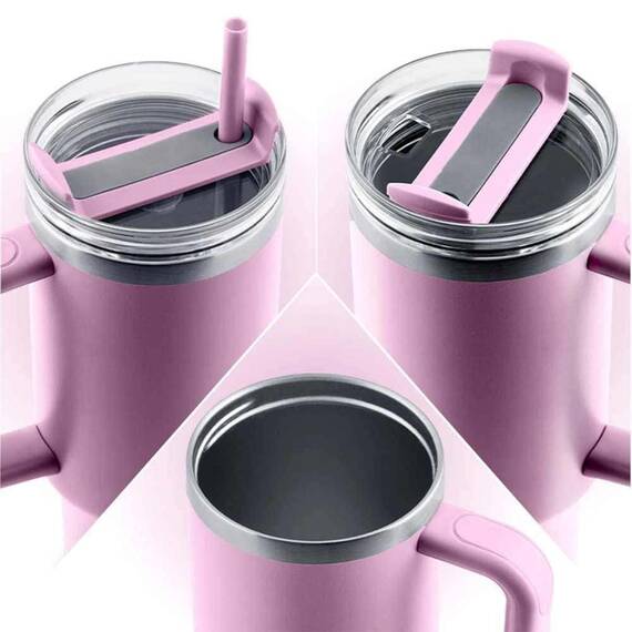 Cana termos, otel inoxidabil, capac 3 in 1, baut, gaura, pai, cu maner, mentinere cald si rece, inaltimea de 27 cm, 1180 ml, roz - 3- Roveli