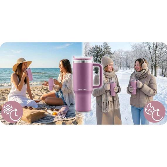Cana termos, otel inoxidabil, capac 3 in 1, baut, gaura, pai, cu maner, mentinere cald si rece, inaltimea de 27 cm, 1180 ml, roz - 8- Roveli