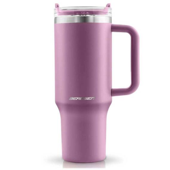 Cana termos, otel inoxidabil, capac 3 in 1, baut, gaura, pai, cu maner, mentinere cald si rece, inaltimea de 27 cm, 1180 ml, roz - - Roveli