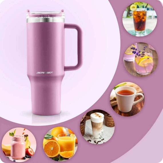 Cana termos, otel inoxidabil, capac 3 in 1, baut, gaura, pai, cu maner, mentinere cald si rece, inaltimea de 27 cm, 1180 ml, roz - 9- Roveli