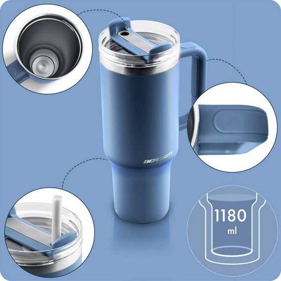 Cana termos, otel inoxidabil, capac 3 in 1, baut, gaura, pai, cu maner, mentinere cald si rece, inaltimea de 27 cm, 1180 ml, albastru marin - 3- Roveli