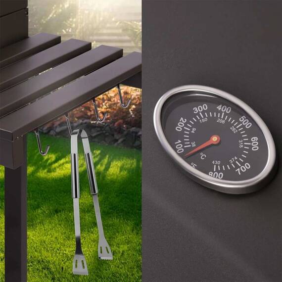 Gratar de gradina, cu carbuni, din otel inoxidabil, gratar din fonta 41,5 x 57 cm, dulap spatios, suport de incalzire suplimentar din otel cromat, rafturile laterale pliabile, termometru, 122x122,5x67 cm - 4- Roveli