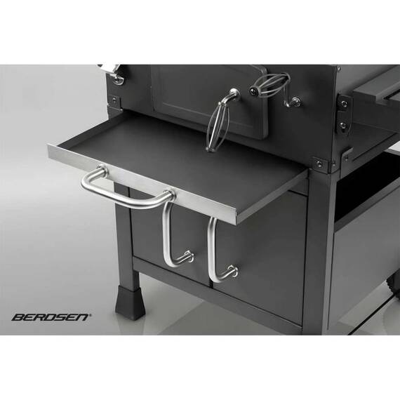 Gratar de gradina, cu carbuni, din otel inoxidabil, gratar din fonta 41,5 x 57 cm, dulap spatios, suport de incalzire suplimentar din otel cromat, rafturile laterale pliabile, termometru, 122x122,5x67 cm - 9- Roveli