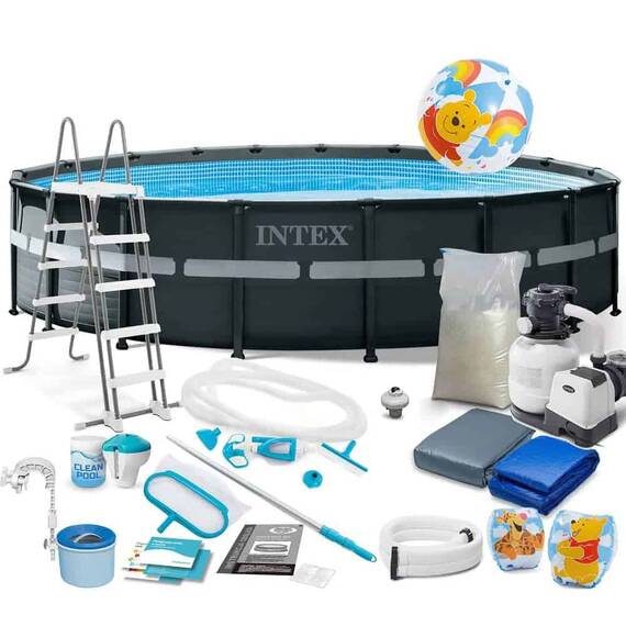 ​Piscina cu cadru, material PVC durabil cu 3 straturi, pompa de filtru, nisip de filtrare, scara metalica sigura, prelata si folie, 26423 l, skimmer, kit de curatare, bandere de inot, minge, 549 x 132 cm, negru - - Roveli