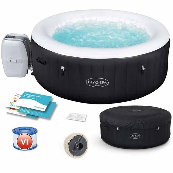 ​Piscina gonflabila, Lay-Z Miami Bestway, pompa de filtrare incorporata, prelata, 4 persoane, apa incalzita la 40°, sistem inovator AirJet™, panou de control, 669 l, 180 x 66 cm - - Roveli