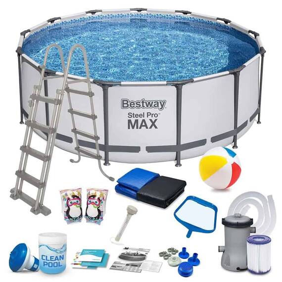 ​Piscina cu cadru metalic, material PVC, pompa de filtrare, filtru pompa tip II, scara, folie si prelata, minge, aripioare de inot, capacitate 12690 litri, forma rotunda, 396 x 122 cm - - Roveli
