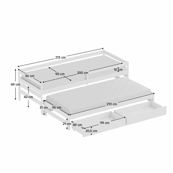 Pat cu pat suplimentar si spatiu de depozitare, 90x200, alb, ELARA - 2- Roveli