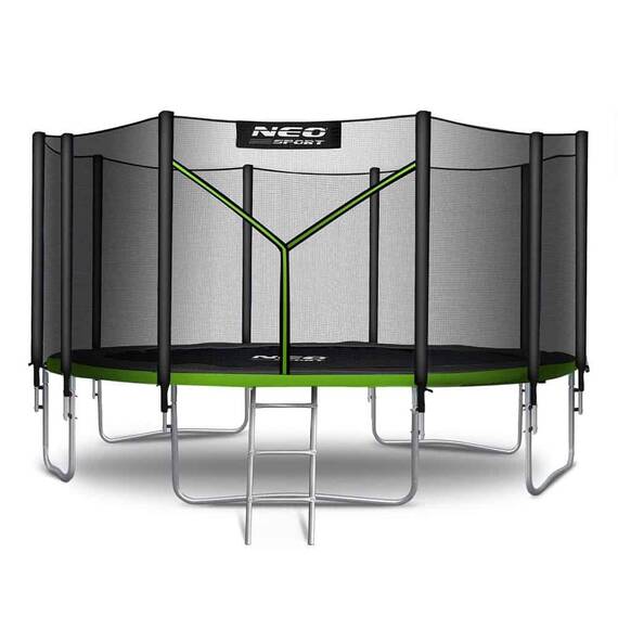 ​Trambulina de gradina , cu plasa de exterior, scara metalica, 3 trepte, 5 picioare duble, 90 arcuri de prindere, diametru 465 cm, negru si verde - - Roveli