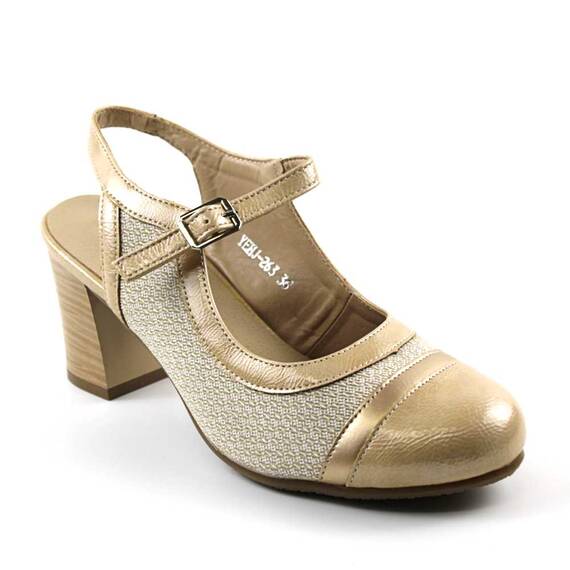 Pantofi eleganti de dama , cu toc mediu  263-BEIGE, Culoare (12): BEJ/AURIU, Marime (12): 40 - - Roveli