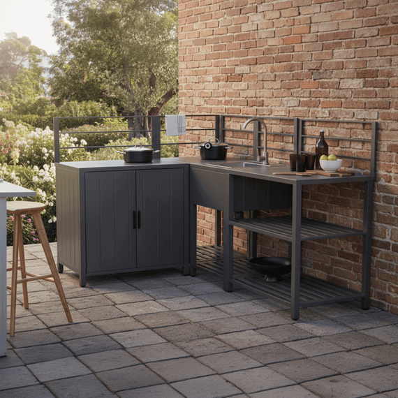 Mobilier de bucatarie de gradina cu 4 piese si chiuveta, otel, gri, TANITA - 2- Roveli