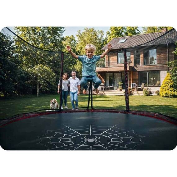 Trambulina de gradina, plasa externa de siguranta, scara metalica solida,  5 picioare duble, model unic de panza de paianjen, intrarea inchisa cu fermoar si catarama, 465 cm, rosu si negru - 4- Roveli