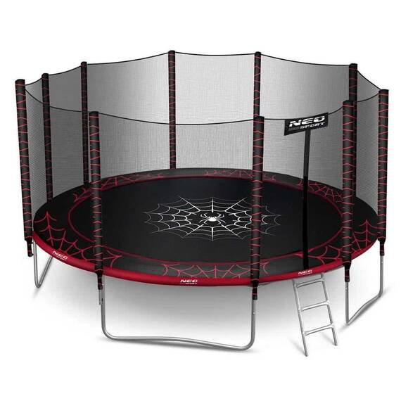 Trambulina de gradina, plasa externa de siguranta, scara metalica solida,  5 picioare duble, model unic de panza de paianjen, intrarea inchisa cu fermoar si catarama, 465 cm, rosu si negru - - Roveli
