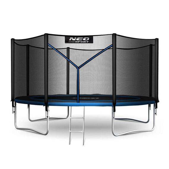 Trambulina de gradina, cu plasa de exterior, scara metalica, 2 trepte, 4 picioare duble, 64 arcuri de prindere, diametru 374 cm, negru si albastru - - Roveli