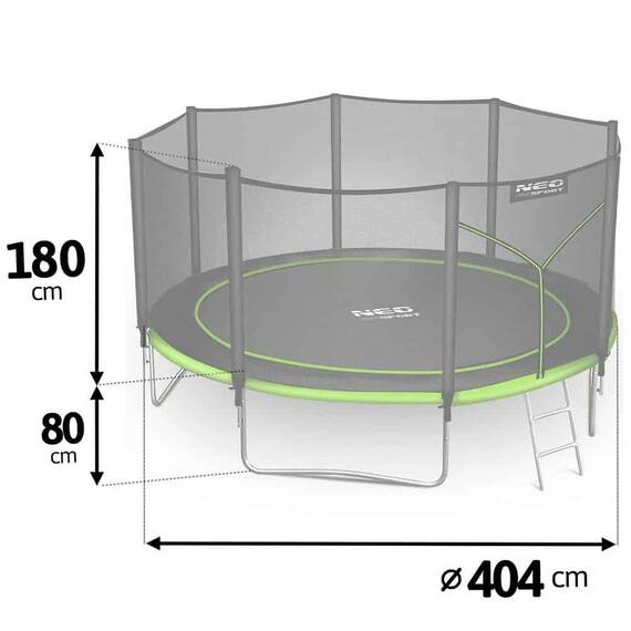 Trambulina de gradina, cu plasa de exterior, scara metalica, 2 trepte, 4 picioare duble, 72 arcuri de prindere, diametru 404 cm, negru si verde - 6- Roveli
