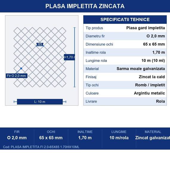 Plasa Gard Impletita Zincata DacEnergy, Rola 10 M.L, Inaltime 1,70 m, Fir 2,0 mm, Ochi 65 x 65 mm, Sarma Moale Galvanizata, Gradina Curte Teren Agricol - 9- Roveli