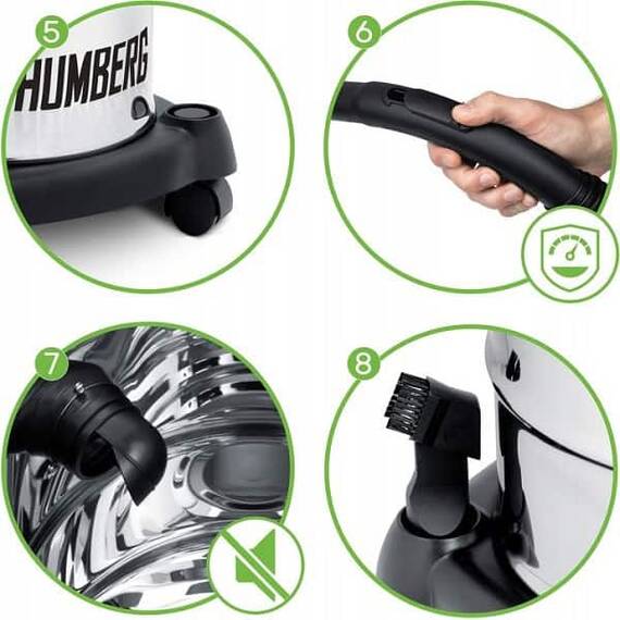RESIGILAT: Aspirator industrial, putere 1200W, aspirare umeda si uscata, fara sac, 20L, filtru HEPA, functie suflare, argintiu si verde - 8- Roveli