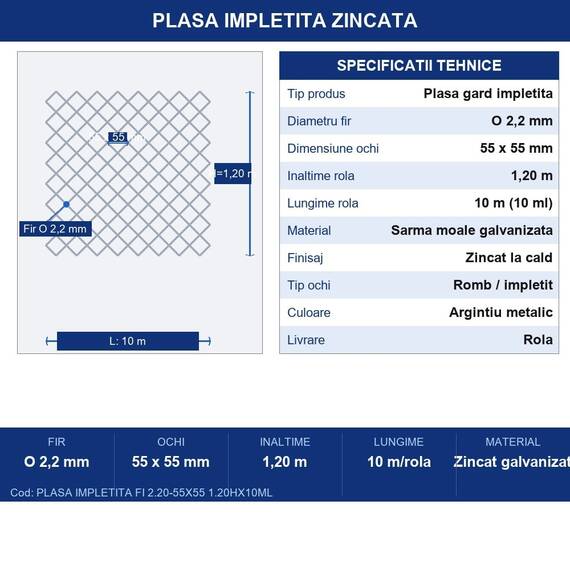 Plasa Gard Impletita Zincata, Rola 10 M.L, Inaltime 1,20 m, Fir 2,2 mm, Ochi 55 x 55 mm, Sarma Moale Galvanizata, Gradina Curte Teren Agricol - 3- Roveli