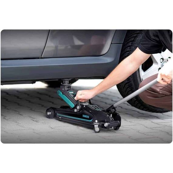 RESIGILAT: Cric auto hidraulic, realizat din otel si aluminiu, capacitate mare de ridicare de 2,5 tone, inaltimea de ridicare 80 - 360 mm, roti pivotante la 360° cu rulmenti, 53 x 20.5 x 8/36 cm, negru si verde - 2- Roveli