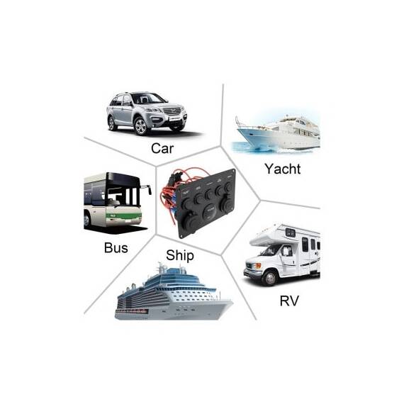 Panou de comutatoare cu priza, voltmetru, 5 intrerupatoare si port USB 12V 20A  Cod: SPA37 - 5- Roveli
