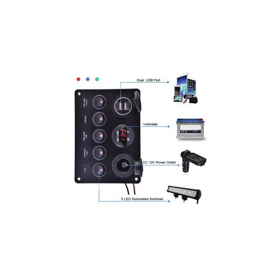 Panou de comutatoare cu priza, voltmetru, 5 intrerupatoare si port USB 12V 20A  Cod: SPA37 - 3- Roveli