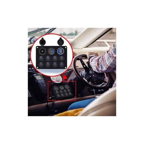 Panou cu priza, voltmetru, 8 intrerupatoare si port USB 12V 20A  Cod: SPA40 - 2- Roveli