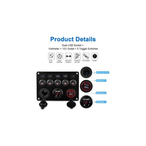 Panou de comutatoare cu priza, voltmetru, 5 intrerupatoare si port USB 12V 20A  Cod: SPA37 - 2- Roveli