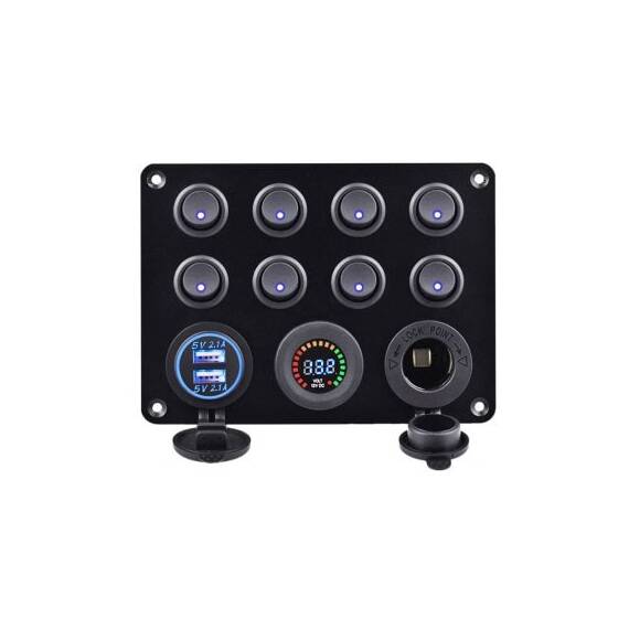 Panou cu priza, voltmetru, 8 intrerupatoare si port USB 12V 20A  Cod: SPA40 - - Roveli