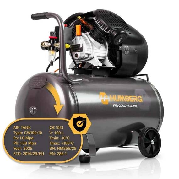 Compresor de aer, cilindru din fonta, pompa cu piston avansata, rezervor de 100 l, 1800 W, 2800 rpm, presiune maxima 8 bar, capacitate 170 l/min, 72 x 72 x 42 cm, gri antracit - 5- Roveli