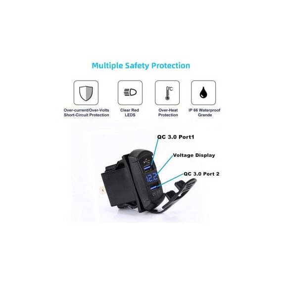Mufa bord incarcator USB QC3.0  cu  voltmetru 12-24V  Cod: DS2057 - 3- Roveli