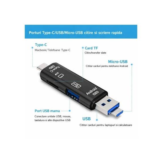 Cititor carduri memorie 5in1 USB Type C Micro USB OTG universal  - - Roveli